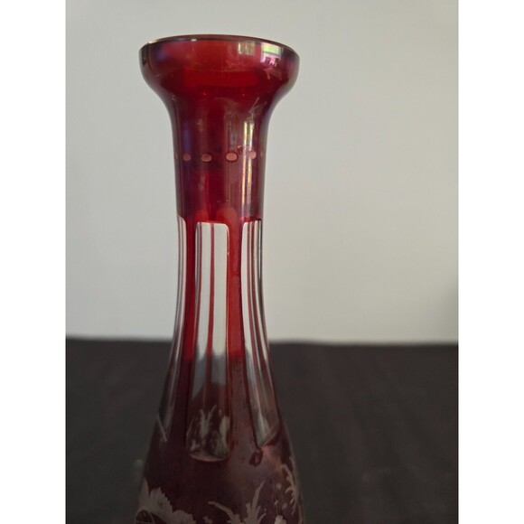 Bohemian Czech Ruby Red Hand Blown Cut to Clear Egermann-style Decanter w/ Label - Picture 4 of 9
